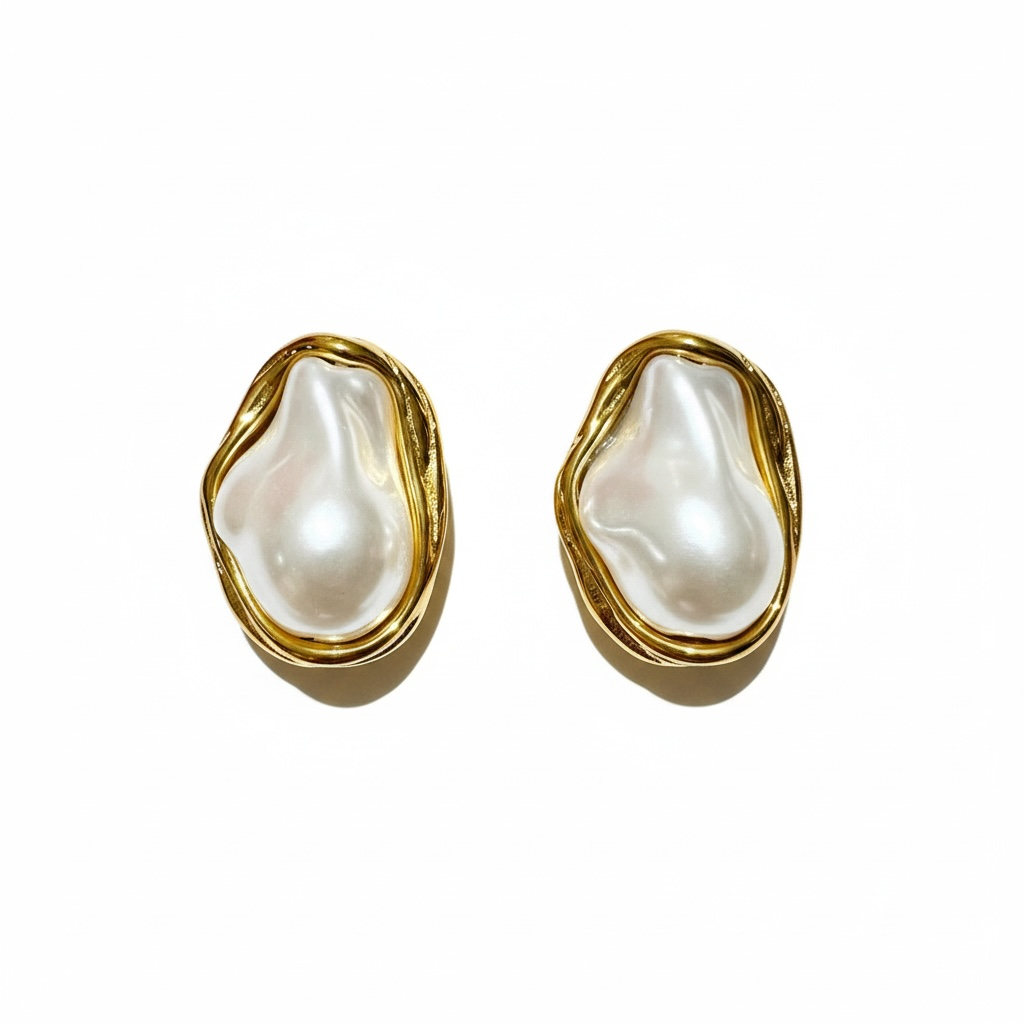 Aretes de Perla Irregular con Borde Dorado